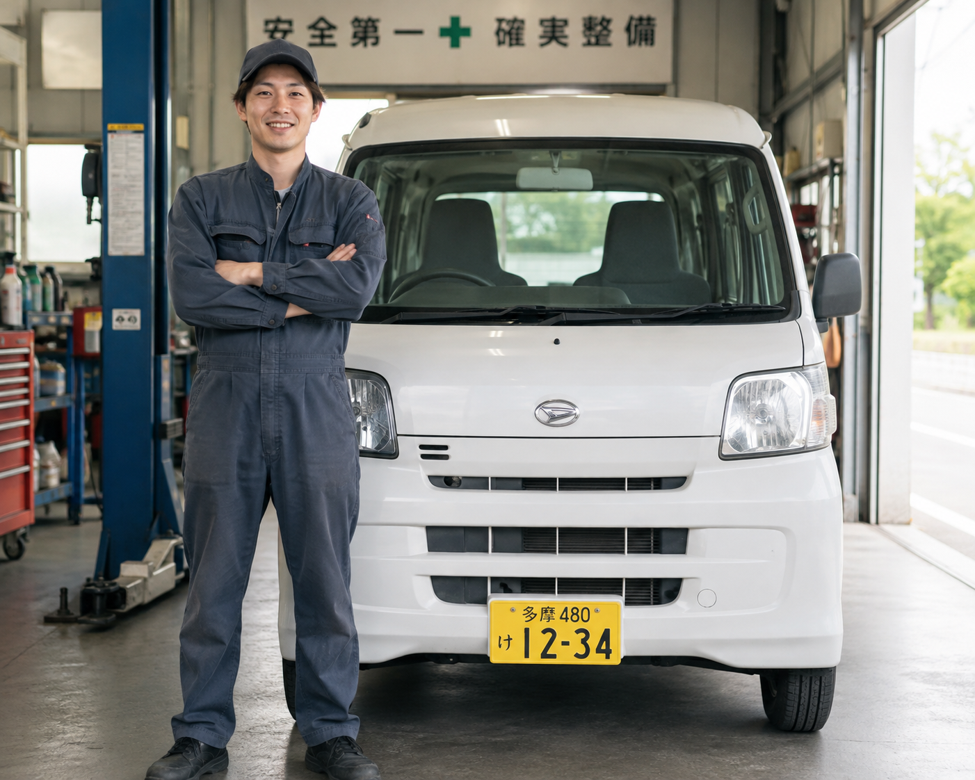 整備工場で軽バンの前に立つ整備スタッフ