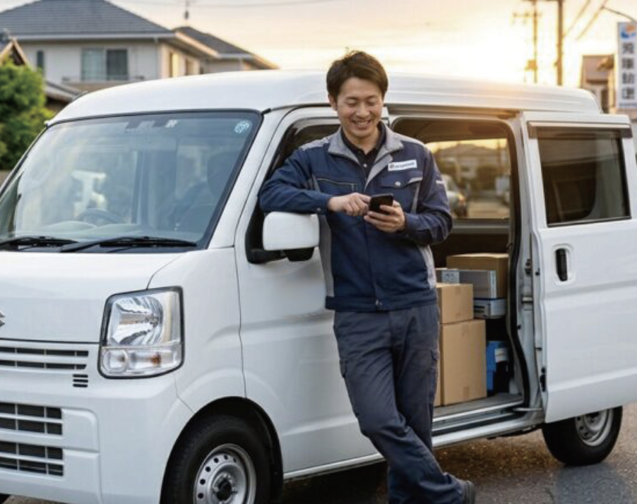 荷物を積んだ軽バンの横でスマートフォンを操作する配送スタッフ