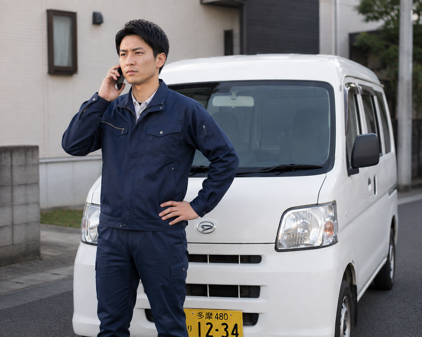 軽バンの前で電話をかける作業着姿のドライバー