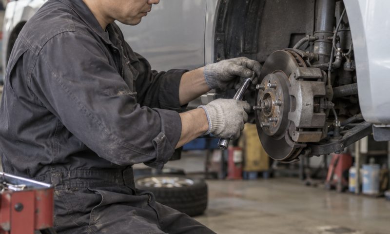ブレーキを整備する整備士