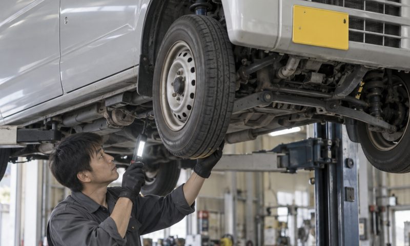 リフトアップして下回りを点検する整備士